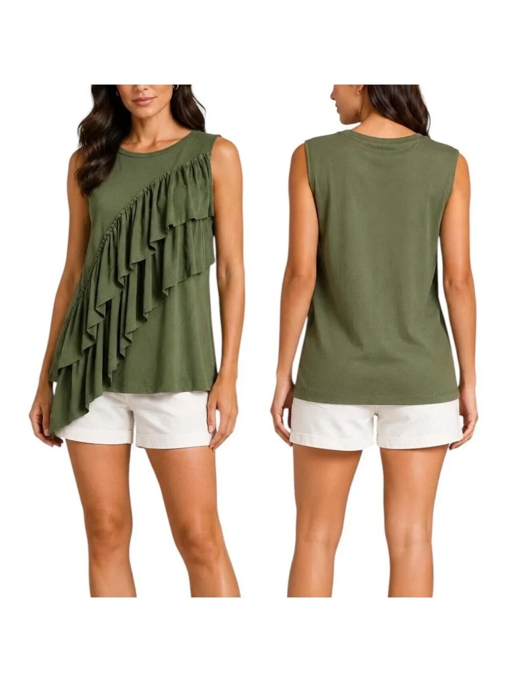 J.Crew Olive Green Ruffle Asymmetric Tank Top Size Medium Sleeveless Ribbed